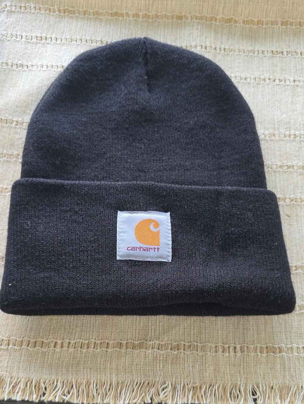 Carhartt Black Beanie with Orange Logo Patch
